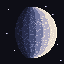 A waxing gibbous moon in pixel art: cold violet shadow at left grading through steps to a warm cream lit limb at right, on a near-black sky with seven hand-placed stars.