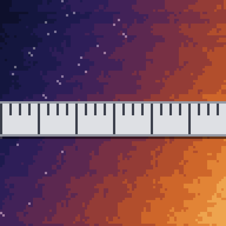 Pixel art: a night-sky field grading diagonally from deep cold blue-violet with scattered stars at upper left to hot orange at lower right. Laid horizontally across the middle is a plain grey ruler with evenly spaced tick marks, identical along its whole length.