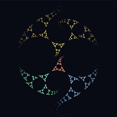 A lace of glowing circles on a dark ground: gold at the top, blue and green below, a coral knot in the middle, nested triangles of tiny circles curling into spiral arms.