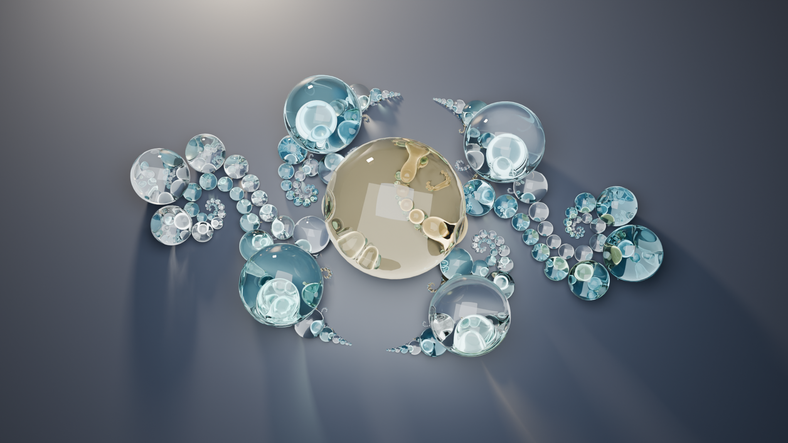 Seen from above, glass spheres on a dark blue-grey floor: a large amber sphere in the centre, four big clear and teal spheres around it, and chains of smaller glass beads curling outward in spirals, each bead lit by a soft light overhead, with pale focused light glowing in their shadows.