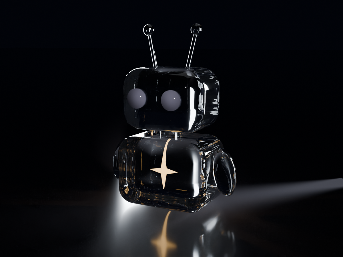 A small glass robot on a black floor: a rounded head with two round eyes and two antennae with glass balls on the ends, a rounded body with little arms, and a gold four-point spark glowing in its chest. The glass shows only by its bright edges, and the spark is reflected in the floor below.