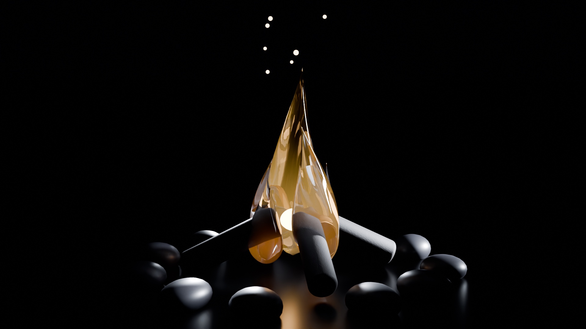 A campfire made of glass at night: amber glass flames with a bright core rise from four charred logs inside a ring of dark stones; small sparks float up into the black, and a warm glow shows on the dark ground in front.