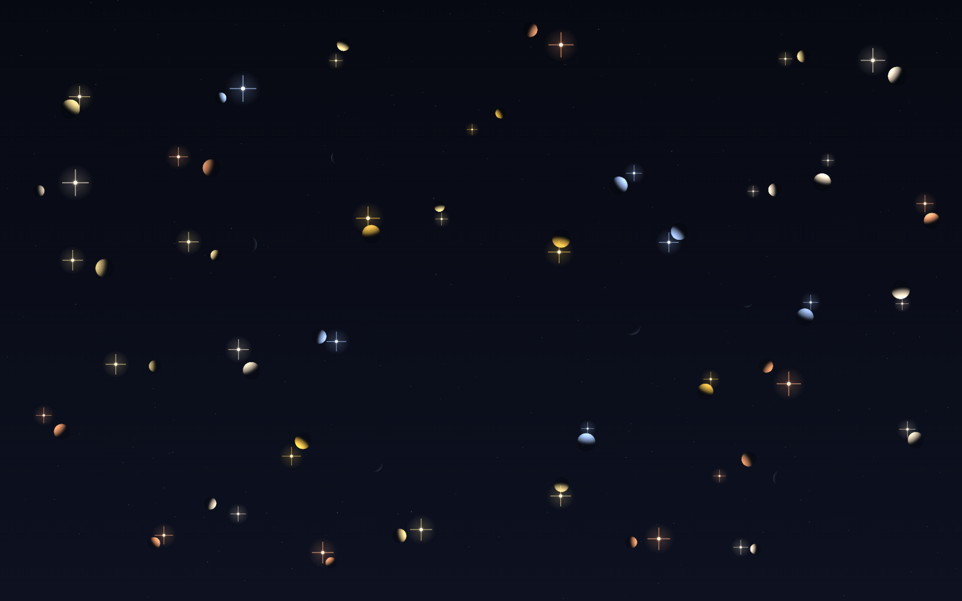 A night sky of small lights in pairs: in each pair one is a four-point spark and the other a small sphere lit only on the side facing it, tinted its colour and dimmer the further away it sits; a few dark spheres show only a faint cool crescent.