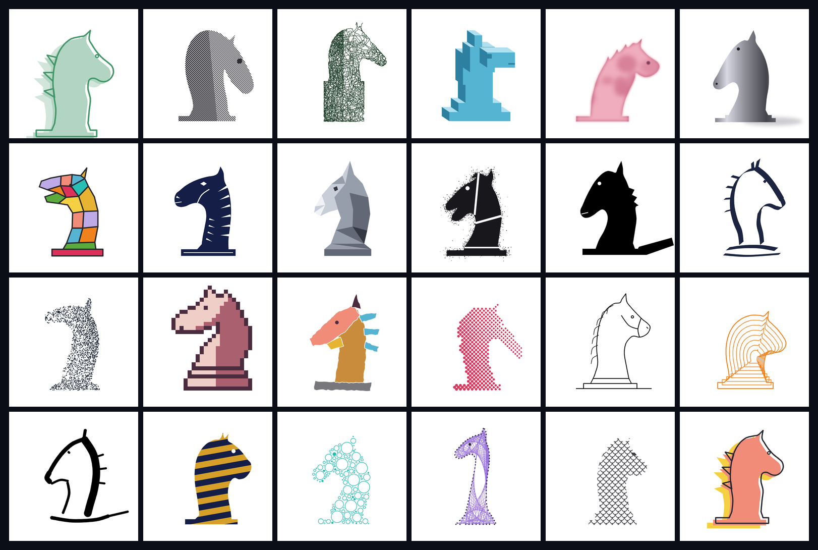 Twenty-four small drawings of a chess knight on white squares, six across and four down, each in a different manner: hatching, a scribble, blue blocks, a pink wash, grey shading, leaded glass, a woodcut, facets, a stencil, a silhouette, pen strokes, stipple, pixels, torn paper, halftone dots, a thin line, contour rings, a brush, stripes, packed circles, string on pins and scallops. The first and the last have the same outline in different colours.