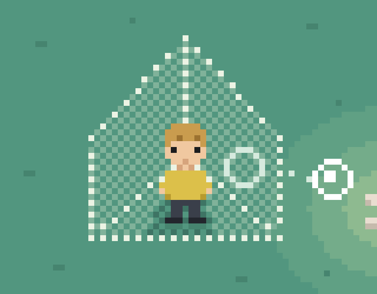 Pixel art on a green ground: a camper in a yellow sweater stands facing forward inside a tent drawn as a see-through veil, a checkerboard of two greens with dotted pale edges. Beside the camper is a pale ring, and to the right, outside the tent in a patch of lighter ground, a white ring with a dot in it. Two stones of a campfire show at the right edge.