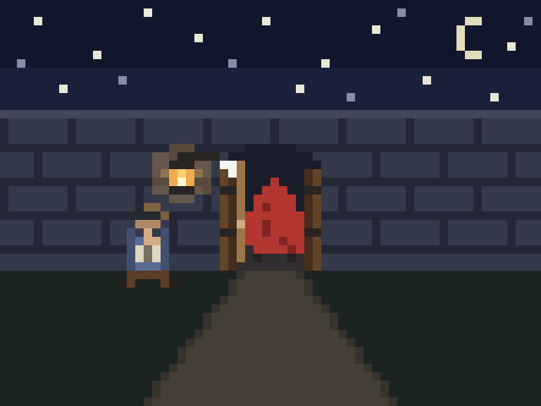 Pixel art at night: a dark stone town wall under scattered stars and a thin moon. Left of an open wooden gate a lantern glows on the wall, and under it a watchman in a blue coat sits on a stool with an open ledger on his knees and his head bowed. In the dark gateway a traveller in a red hood walks away through the gate, holding a staff with a white ribbon tied near the top. A dirt road leads up to the gate.