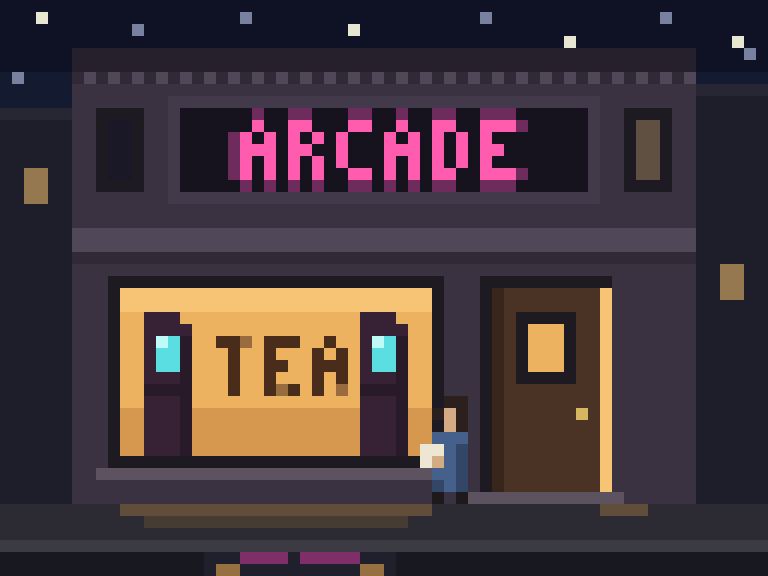 Pixel art at night: a two-storey shopfront under a few stars, between two darker neighbouring buildings. A dark sign board above the shop glows ARCADE in pink neon. Below it a wide window is lit amber from inside, and painted on the glass in dark old gold-leaf letters, worn thin in places, is the word TEA; two arcade cabinets with glowing cyan screens stand inside, one on each side of the word. To the right a wooden door is open a crack, with light along its edge. On the pavement in front of the window a small figure in a blue coat holds a white notebook. A puddle in the street holds a pink reflection of the sign.