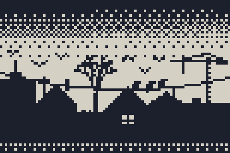 Pixel art in two colours, a dark slate and a pale grey: rooftops in silhouette at first light under an overcast sky. The top of the sky is dark and turns, through a dotted pattern, to pale above the roofs. Six crows fly across the pale part of the sky and three sit on a sagging power line. A bare tree with a few leaves left stands behind a hedge, a tower crane stands far off on the right, and a small apartment block with an antenna is on the left. One window of a dark house is lit. The wet street along the bottom is dotted with pale.